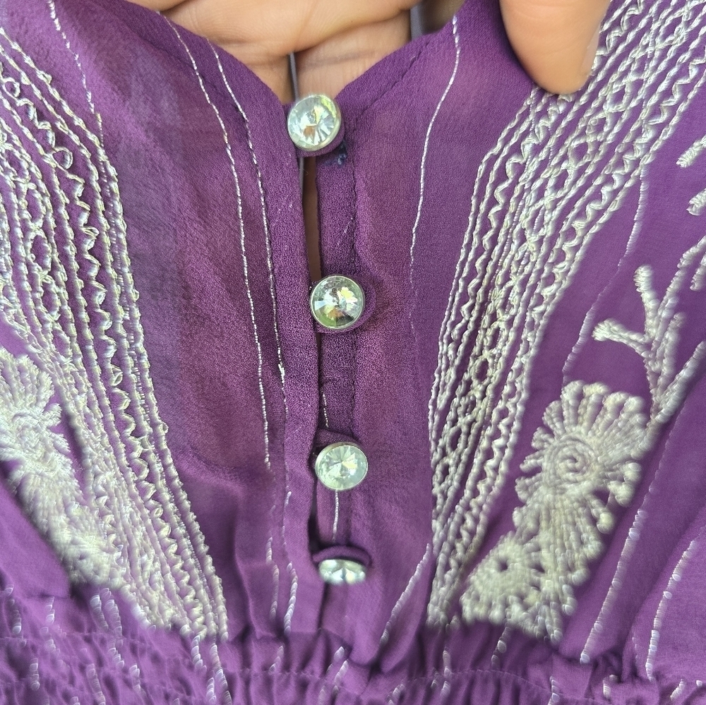 WD.NY 100% Silk Blouse Size 14 Purple Whilte Embroidered Flare Long Sleeves Y2k - Picture 6 of 14